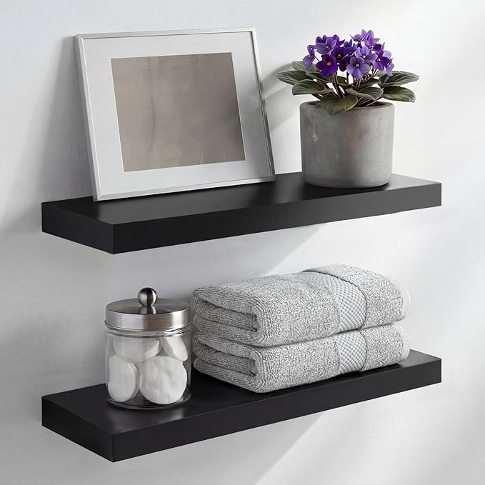 Homeforia Black Floating Shelf 18 inch, High End Solid Real Wood 18inch Bathroom Floating Shelves for Wall Mounted, Black Wooden 18in Floating Shelves, Heavy Duty Bracket, 18 X 6.5 X 1.75 in, Set of 4