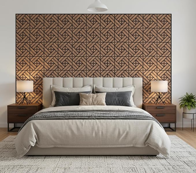 WoveN SounD Artisan Acoustic Wall Panels, 16 Pack 12x12 Inch, Wood Veneer Carved Sound Proof Wall Decor, Self-Adhesive for Home, Studio, Office & Focus Zones, Grid Weave, Teak