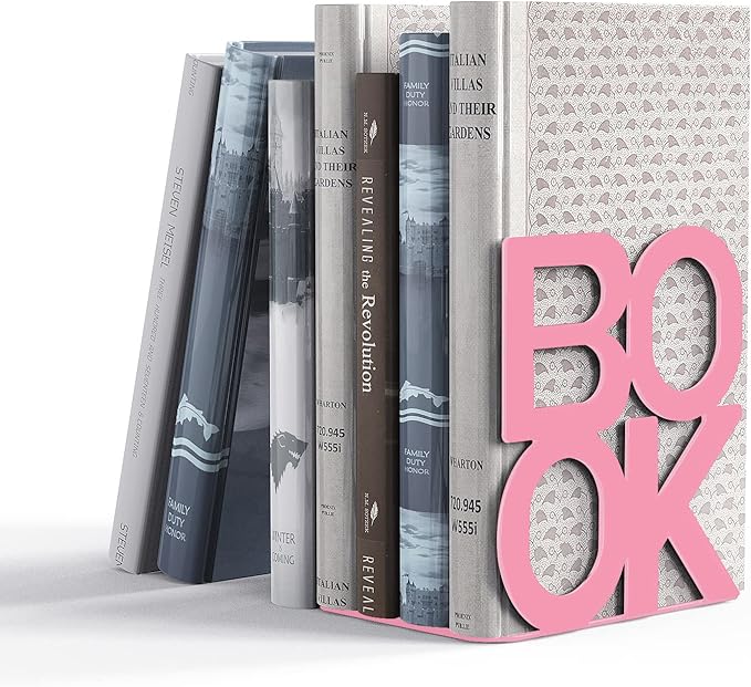 Book Ends - Decorative Metal Book Ends Supports for Bookrack Desk,Books, Unique Appearance Design,Heavy Duty (Pink, 2 Pair)