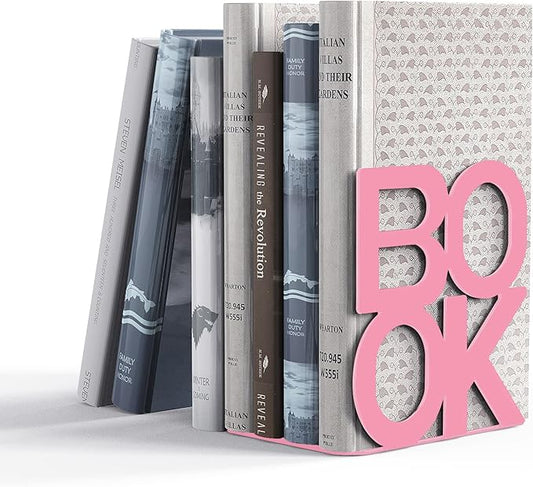 Book Ends - Decorative Metal Book Ends Supports for Bookrack Desk,Books, Unique Appearance Design,Heavy Duty (Pink, 2 Pair)