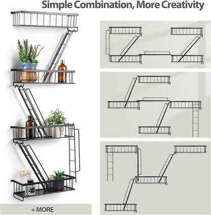 Fire Escape Wall Shelf 4 Tier - NYC Decorative Floating Shelf Black Metal Book Shelves for Home Office Apartment Organizer and Display