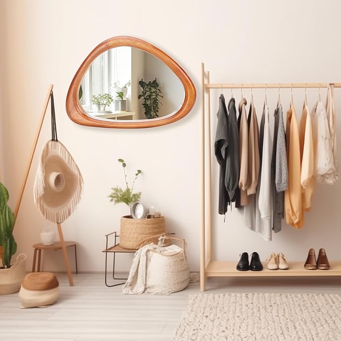 MAGFLERUM Irregular Wall Mirror, 30 * 20 inch Asymmetrical Wood Mirrors, Entryway Mirror, Hanging Vertically and Horizontally. Mirrors for Wall Decor (Red Walnut)