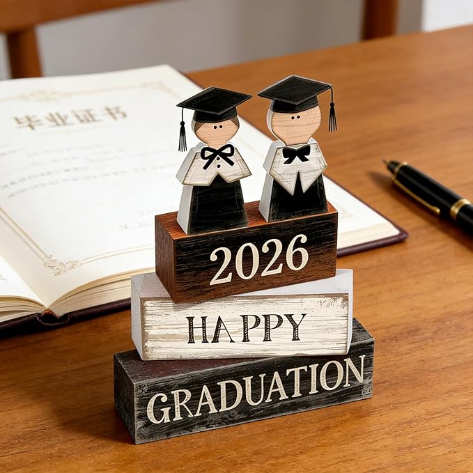 2026 Graduation Table Decorations Class of 2026 Senior Tiered Tray Decor Wooden Block Signs Farmhouse Congrats Grad Tabletop Party Centerpiece for Tables Wooden Sign for Home Decor
