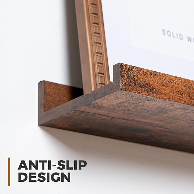 Muzilife 16" Floating Wall Ledge Shelves with Lip - Set of 2 Wood Floating Shelves - Widened Brown Wall Mounted Picture Ledge for Office, Bathroom, Bedroom, Living Room, Kitchen