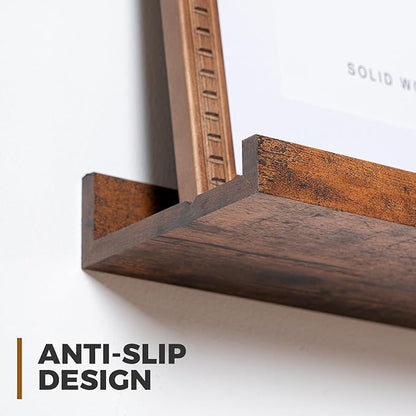 Muzilife 16" Floating Wall Ledge Shelves with Lip - Set of 2 Wood Floating Shelves - Widened Brown Wall Mounted Picture Ledge for Office, Bathroom, Bedroom, Living Room, Kitchen