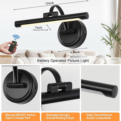 Rechargeable Picture Light for Wall, Cordless Art Lights Battery Operated, Dimmable Wall Light with Remote & Timer, 3 Color Modes for Paintings, Gallery, Artwork(Black, 12inch)