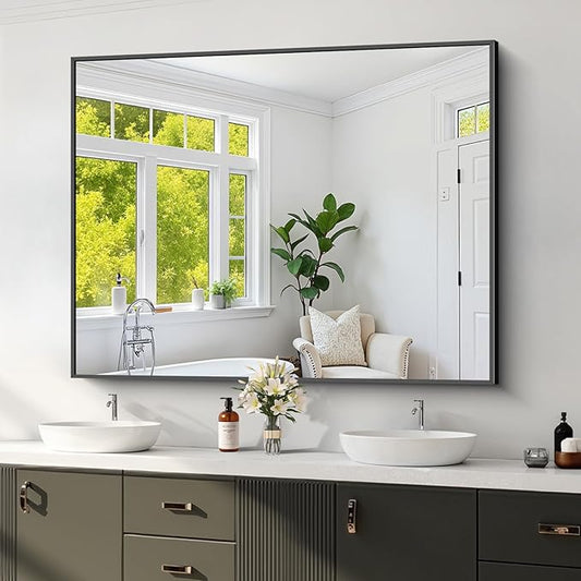 Koonmi Black Framed Bathroom Mirror - Shatterproof 36"x48" Tempered Glass, HD No Distortion, Horizontal/Vertical Mount, Modern Matte Aluminum Alloy Frame