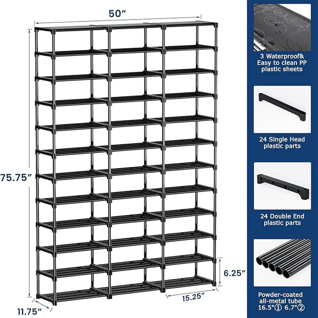 Mavivegue 3 Row 12 Tiers Shoe Rack, Large Storage Space, Metal Shoe Rack Organizer for Entryway, Closet, Bedroom, Garage,Black