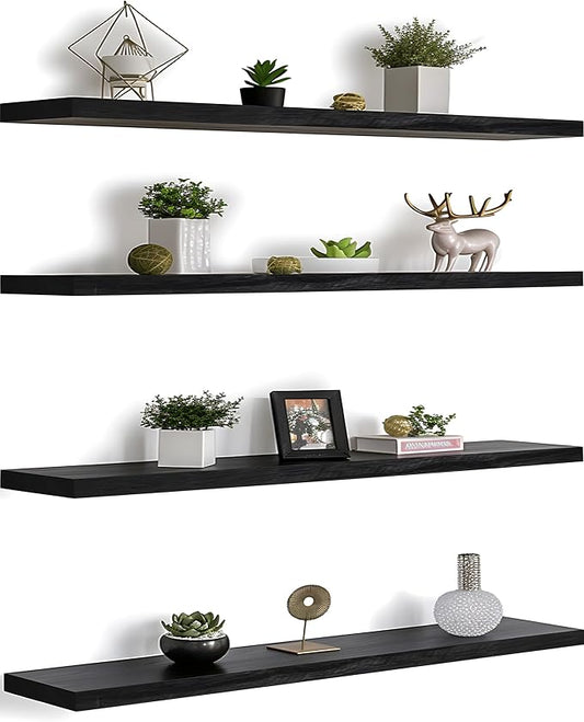 PHPH 48 Inch Wood Floating Shelves for Wall, Wooden Wall Shelves for Bedroom, Set of 4 Black