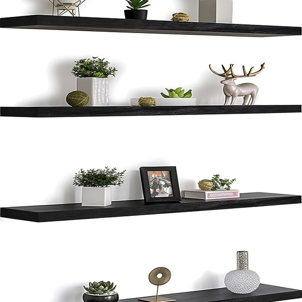 PHPH 48 Inch Wood Floating Shelves for Wall, Wooden Wall Shelves for Bedroom, Set of 4 Black