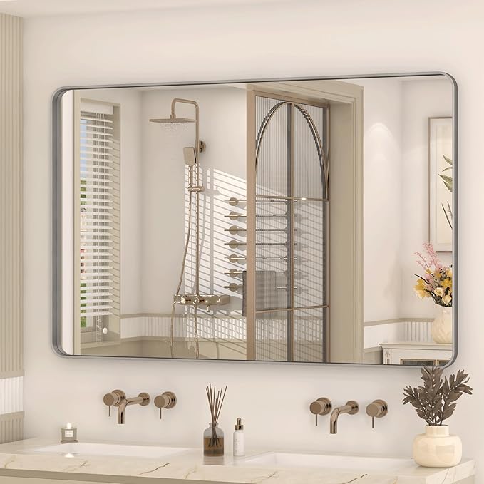 48x30 Silver Brushed Bathroom Mirror for Wall, Brushed Silver Metal Framed Bathroom Vanity Mirror, Rounded Rectangle Mirror, Shatterproof, Anti-Rust (Horizontal/Vertical)