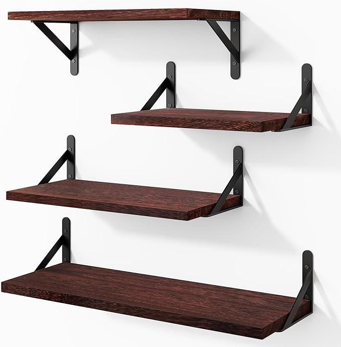 YGEOMER Floating Shelves for Wall, Different Sizes Walnut Red Brown Wall Shelves for Living Room, Bathroom, Bedroom, Kitchen, Home Decor (Set of 4)