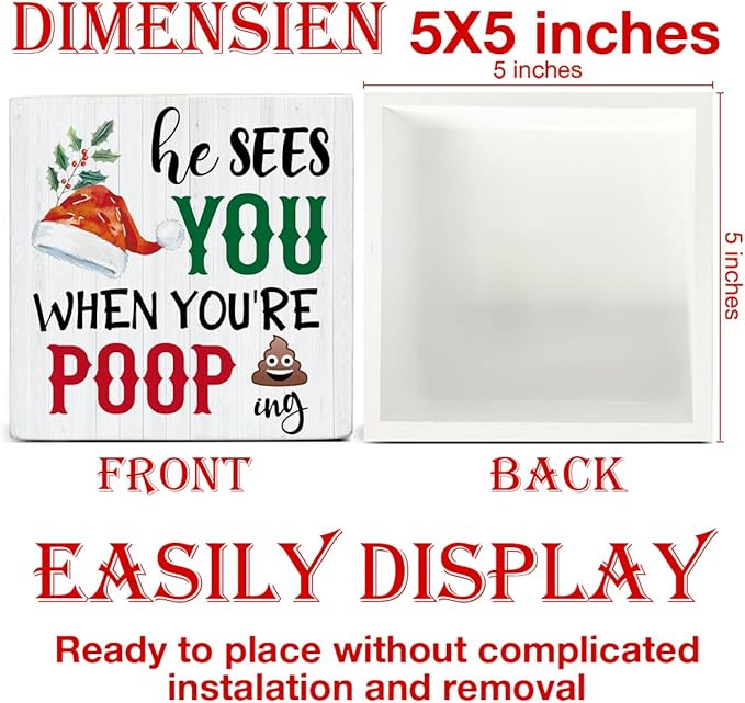Funny Christmas Decor, Farmhouse Christmas Decorations, Gag Gifts for Women Men, He Sees You When You're Pooping Wooden Sign Rustic Home Bathroom Decor 5 x 5 Inches