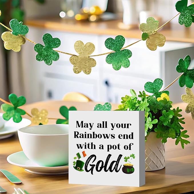 St Patricks Day Decor Irish Blessing Decorations May All Your Rainbows End with a Pot of Gold Rustic Wood Sign Home Tabletop Shelf Desk Decor St Patrick's Day Decorations 5 X 5 Inches