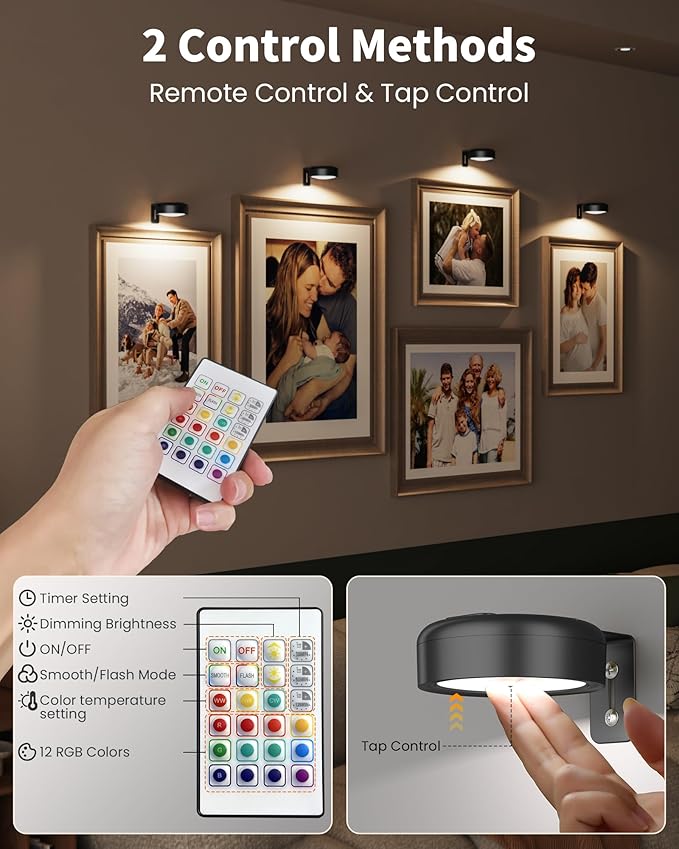 Picture Lights for Wall,Wireless 2000mAh Rechargeable Magnetic LED Puck Lights with Remote,3 Color Temps and 12 RGB,Dimming & Timer,Art Frame Light for Painting Display,Photos,Wall Decor(6 Pack)
