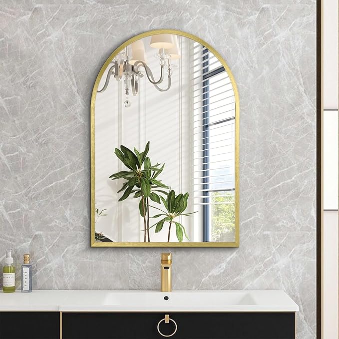 Arched Mirrors for Wall, Brushed Metal Frame Mirror, Arch Bathroom Vanity Mirror for Living Room Bedroom Mantel Hallways Home Decor Aluminum Alloy Frame 26