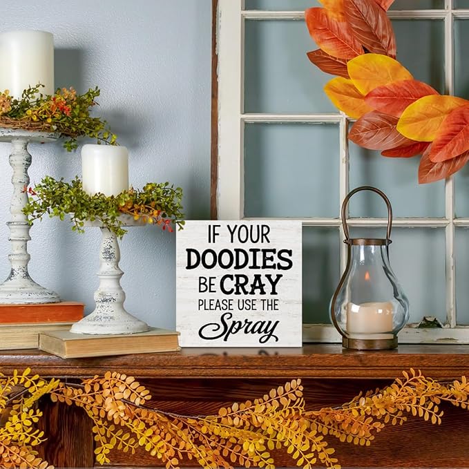 Funny Bathroom Wood Box Sign - If Your Doodies Be Cray Please Use The Spray, Humor Restroom Accessories Wood Plaque, Woods Table Decorative Signs for Office Home Dorm Tabletop Shelf Decoration