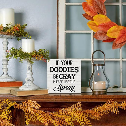 Funny Bathroom Wood Box Sign - If Your Doodies Be Cray Please Use The Spray, Humor Restroom Accessories Wood Plaque, Woods Table Decorative Signs for Office Home Dorm Tabletop Shelf Decoration