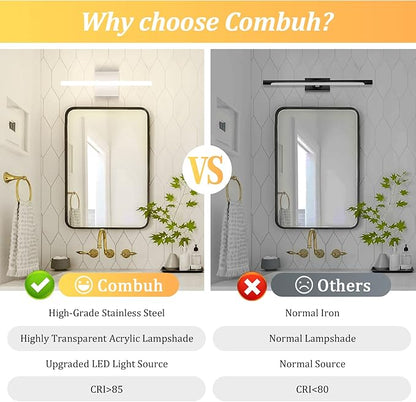 Combuh LED Bathroom Vanity Light Lamp 16Inch 9W IP44 Chrome Over Mirror Lighting Fixture Indoor Wall Sconce Modern Natural White 4000K