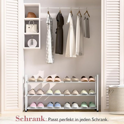 Bumusty 3-Tier Expandable Shoe Rack for Closet, 18“-33” Adjustable Shoe Rack for Small Space, Small Shoe Organizer for Front Door, Sturdy Metal, White