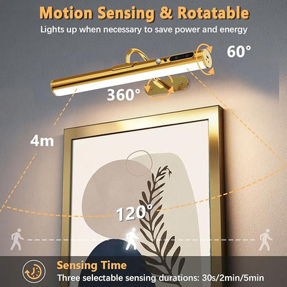 Motion Sensor Battery Operated Picture Light, Wireless Rechargeable Magnetic Art Wall Sconce with Remote Control, LED Picture Frame Lighting for Paintings Poster Mirror Portrait Gallery Dart (Brass)
