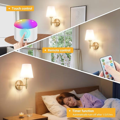 Battery Operated Wall Sconces Set of Two, Rechargeable Wireless Wall Lights with 10000mAh RGB Dimmable Detachable Bulb, Battery Sconces Wall Decor with Remote for Bedroom Living Room Hallway