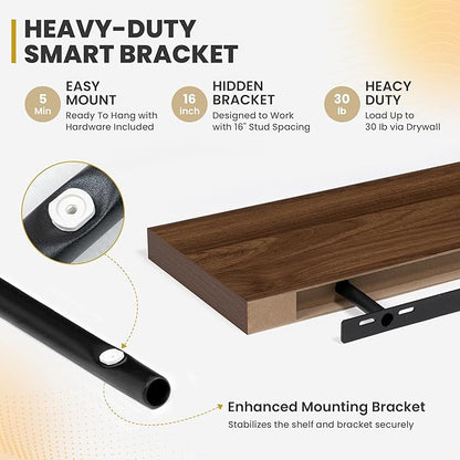 16 Inch Floating Shelves, 9.3" Deep Floating Shelf Wall Mounted, 16" Wall Shelves, Rustic Deep Bookshelf, Large Display Shelves & Storage Shelves for Bedroom, Living Room, Walnut, Set of 2