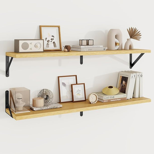 Floating Shelves, 8 Inch Deep Rustic Wood Wall Storage, 36W x 8D Wall Shelves Set of 2, Heavy Duty Metal Brackets, Industrial Book Shelf for Living Room, Kitchen, Bathroom, Bedroom, Oak
