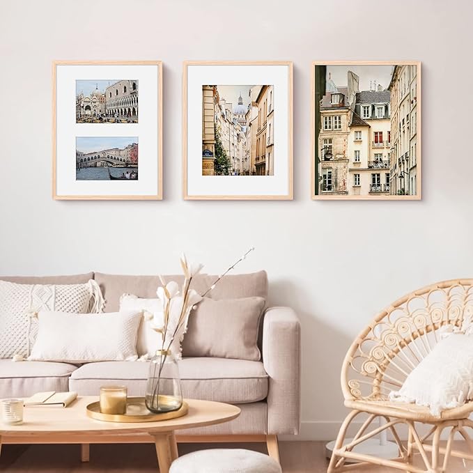 11x14 Picture Frame, OAK Wood Photo Frame 8x10 with Mat or 5x7 with 2 Mat with Perspex Glass for Vertical or Horizontal Tabletop Wall Display for Photo, Painting, Poster, Set of 3