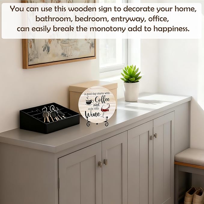 Coffee And Wine Desk Decor Sign, Rustic Funny Wooden Box Plaque, A Good Day Starts With Coffee And Ends With Wine Wood Sign, Decor For Home Kitchen Table Top, Wooden Round With Stand-23
