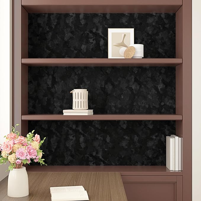 Wallercity Self Adhesive Felt Fabric Wallpaper Black Velvet Wallpaper Peel and Stick for Bedroom Dressing Room Flocking Fabric Contact Paper Wrinkled Textured Soft Cloth for Jewelry Boxes 11.8x78.7 IN