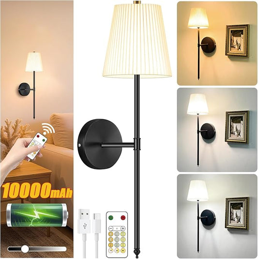 10000mAh Battery Operated Wall Sconces Set of One, Black Rechargeable Wall Lights with Remote & Touch Control,Dimmable 3 Color Temperature Wall Decor for Bedroom Living Room Hallway