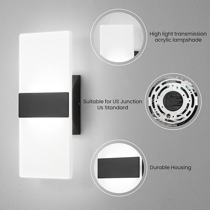 Wall Sconces Set of Two,Modern Black LED Wall Lights,12W 2700K-5000K Adjustable,Hardwired Acrylic Sconces Wall Decor Set of 2,Dimmable Wall Mount Light for Living Room Bedroom Hallway,ETL