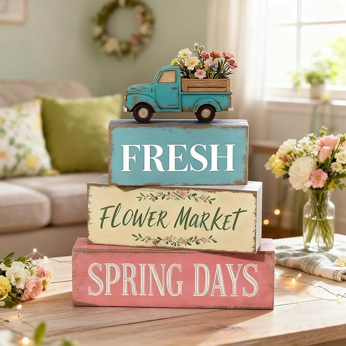 Spring Decoration Wooden Tiered Tray Decor Set – Farmhouse Spring Block Sign with Vintage Flower Truck, Fresh Flower Market Text – Rustic Tabletop Centerpiece for Living Room, Kitchen, Entryway, Shelf Display, Spring Home Decor