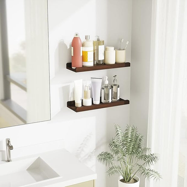 Love-KANKEI Floating Shelves Wall Mounted Set of 2, 17 Inch Rustic Wood Wall Shelves for Storage, Bedroom Living Room Bathroom Kitchen Office and More Dark Walnut