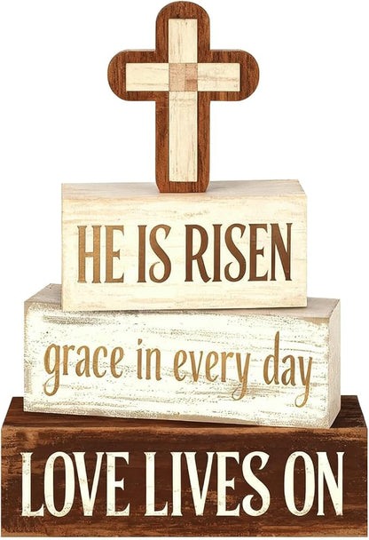 Easter Decorations - He Is Risen Cross Tiered Tray Decor - Religious Easter Wooden Tabletop Sign - Faith Farmhouse Easter Home Decor for Shelf Mantel Indoor - Spring Home Decor for Living Room, Kitchen Counter