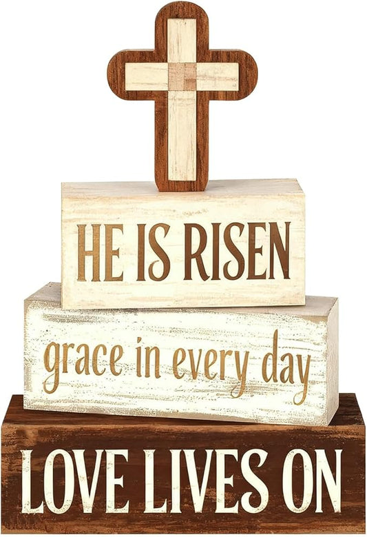 Easter Decorations - He Is Risen Cross Tiered Tray Decor - Religious Easter Wooden Tabletop Sign - Faith Farmhouse Easter Home Decor for Shelf Mantel Indoor - Spring Home Decor for Living Room, Kitchen Counter