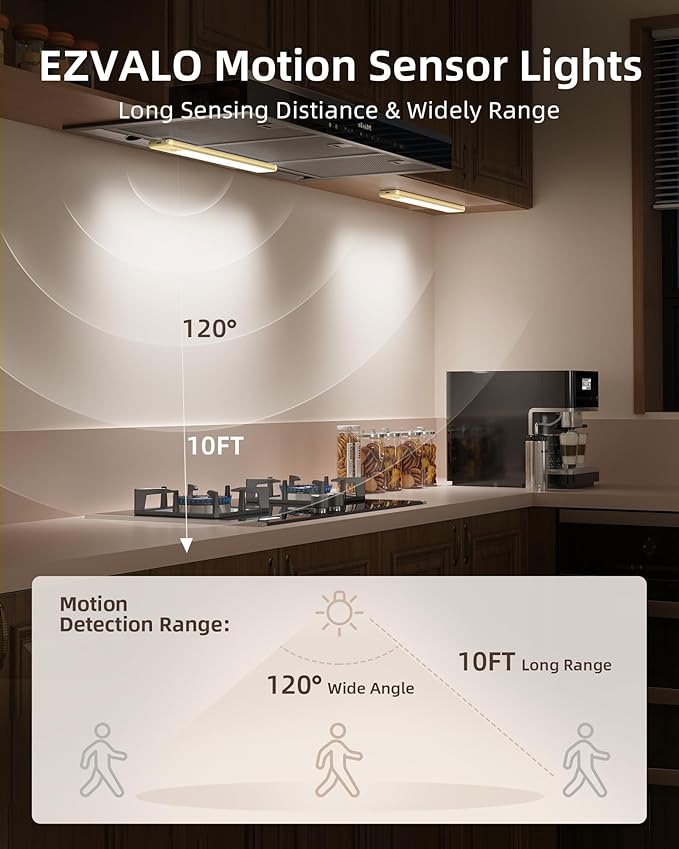 EZVALO 16.5-inch Under Cabinet Lighting, 3 Color Temperatures, 4000mAh Rechargeable Motion Sensor Light Indoor, LED Magnetic Lights with Dimmable for Kitchen, Stairs, Pantry, Closet