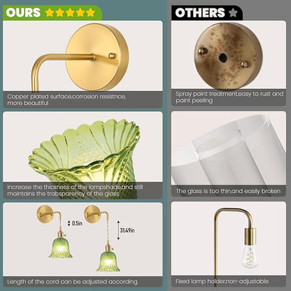 Battery Operated Wall Sconce, Rechargeable Battery Powered Wall Light with Green Glass Lampshade,Wireless Wall sconces with Magnetic RGB Bulbs for Bedroom Living Room Hallway, Wall Decor Set of 2