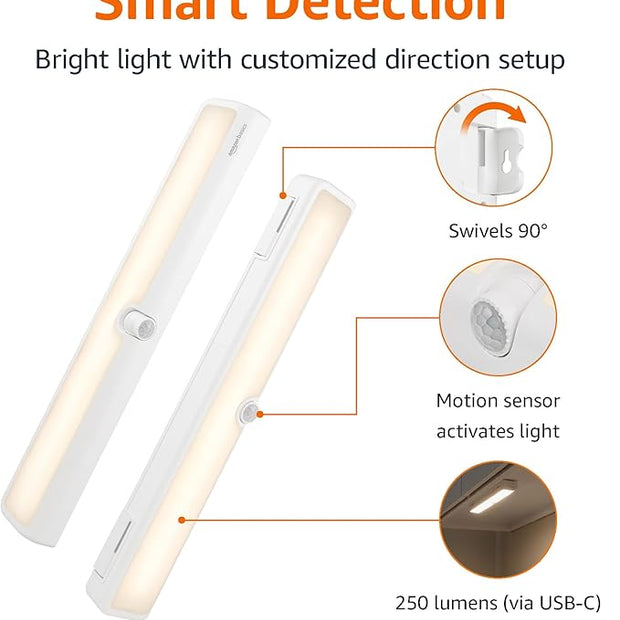 Amazon Basics LED Motion Sensor Light Bar, USB/Battery Operated, 250 Lumens, 12 Inches, Swivel, Under Cabinet Lighting for Closet, Kitchen, 2-Pack, White