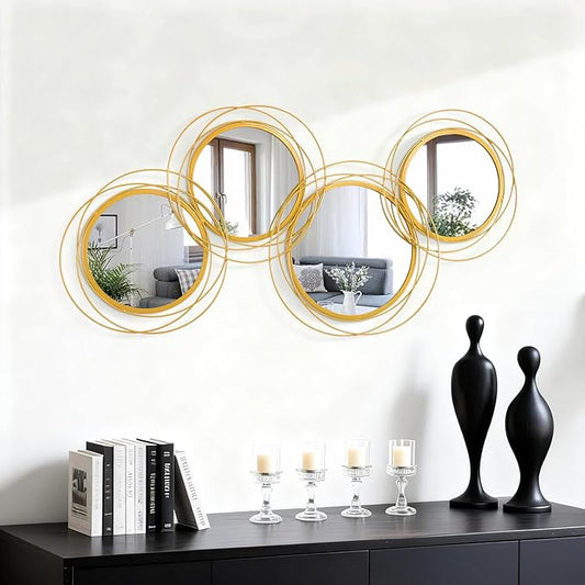 4 Pack Gold Circle Mirror Set, Wall Metal Framed Mirror Modern Glass Decorative Mirrors for Living Room Bedroom Entryway Home Decor 16x32 Inch