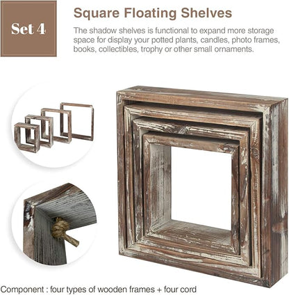 J JACKCUBE DESIGN Wall Decor Floating Hanging Square Shelves Wall Mounted Rustic Wood Cube Display Shelf Shadow Boxes Decorative Boho Home Décor for Living Room, Bedroom, Office, Set of 4 - MK571A