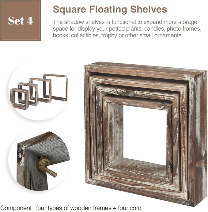 J JACKCUBE DESIGN Wall Decor Floating Hanging Square Shelves Wall Mounted Rustic Wood Cube Display Shelf Shadow Boxes Decorative Boho Home Décor for Living Room, Bedroom, Office, Set of 4 - MK571A
