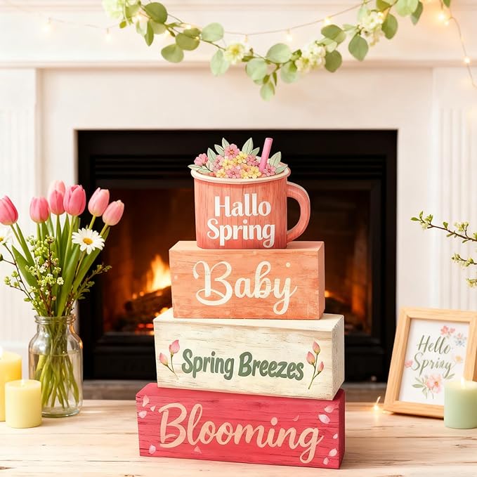 Spring Decoration Wooden Tiered Tray Decor – Sweet Spring Mug Stacked Block Sign with Floral Cup Topper – Farmhouse Tabletop Spring Decor for Living Room Shelf Seasonal Home Display