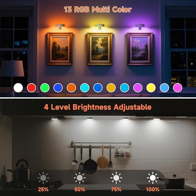 3 Pack Picture Lights for Wall Battery Operated, Motion Sensor Picture Light with Charging Base, Poster Lights with Remote Dimmable and Timer, Wall Lamps with 13 RGB for Art Display(White)