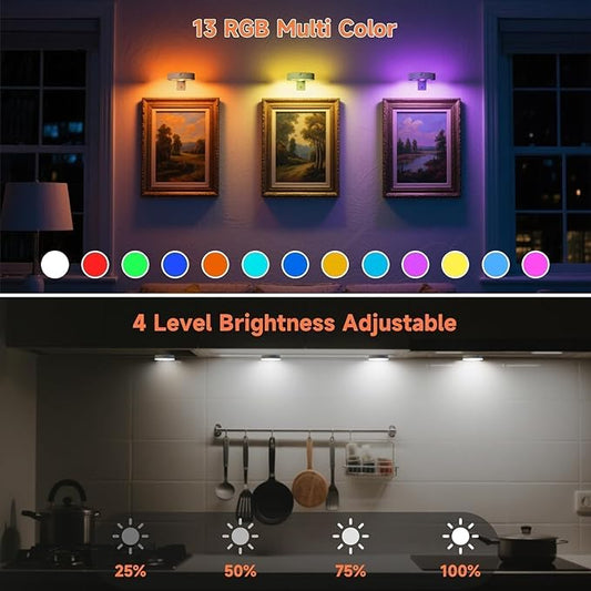 3 Pack Picture Lights for Wall Battery Operated, Motion Sensor Picture Light with Charging Base, Poster Lights with Remote Dimmable and Timer, Wall Lamps with 13 RGB for Art Display(White)