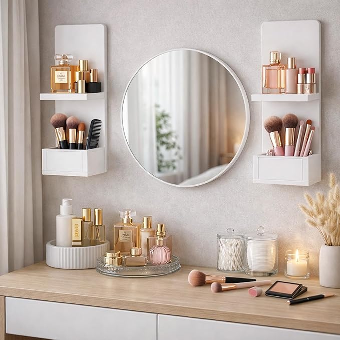 2-Tier White Floating Wall Shelf, 20x8x6 Wall-Mounted Wooden Beside Shelf/Nightstand for Home Décor, Plants, Cosmetics, Bathroom, Kitchen, Bedroom Storage (White with Box)