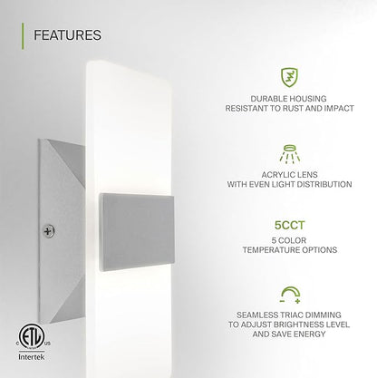 ASD LED Indoor Wall Mount Light Fixture - 8 Inch 10W Modern Interior Brushed Nickel Dimmable Wall Sconce Light - ETL 2700K-5000K Adjustable - Hallway, Bedroom LED Wall Lights, Pack of 2