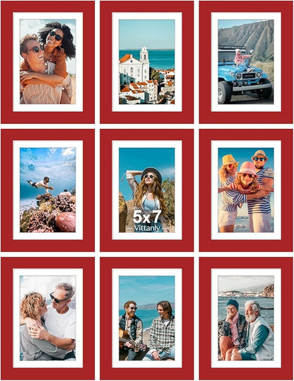 Vittanly 5x7 Picture Frames Set of 9, Shatter Resistant Plexiglass, Display 4x6 Pictures with Mat or 5x7 without Mat, Photo Frames for Wall or Tabletop, Engineered Wood, Red