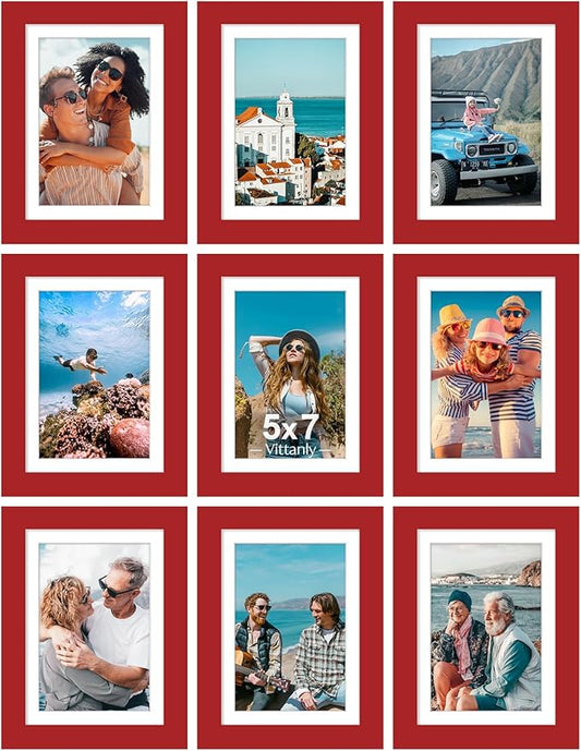 Vittanly 5x7 Picture Frames Set of 9, Shatter Resistant Plexiglass, Display 4x6 Pictures with Mat or 5x7 without Mat, Photo Frames for Wall or Tabletop, Engineered Wood, Red
